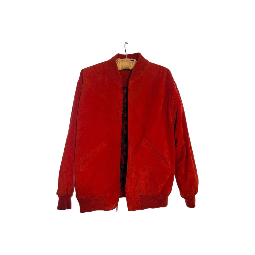 Vintage Red Suede Bomber Jacket | Floral Lined | Zip Front